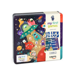 Caja de metal cuadrada de Mi Primer Rummi con coloridas ilustraciones de alienígenas y naves en el espacio exterior.