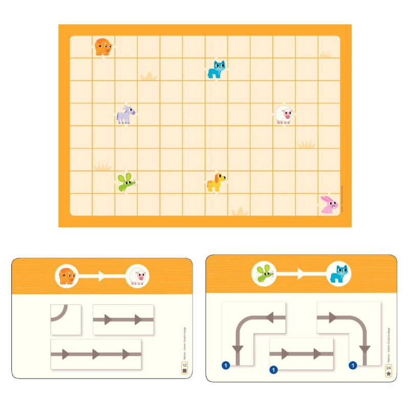 Tablero de cuadrícula naranja con animales de colores y tarjetas con flechas para retos de orientación y secuencias.