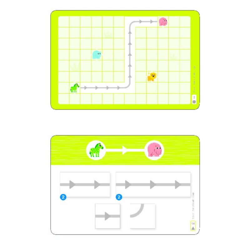 Tableros rectangulares blancos con bordes verdes, cuadrículas y flechas de colores que marcan rutas de secuenciación.