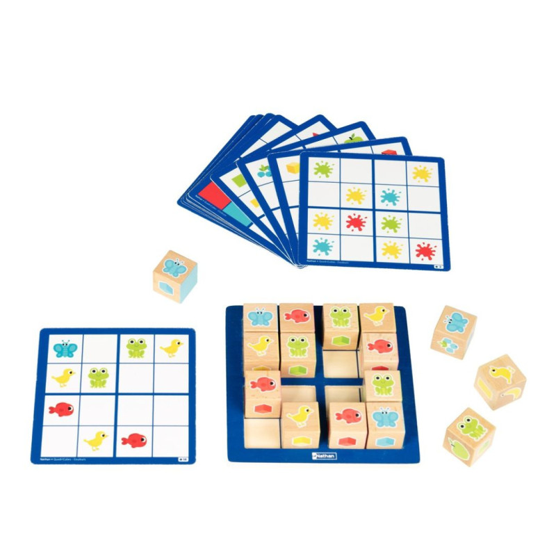 Quadricubes: cubos de madera con iconos de colores, tarjetas de retos y base azul para resolver puzles lógicos.
