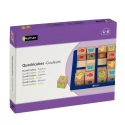 Caja morada de Quadricubes Colores con cubos de madera natural que muestran figuras geométricas de colores vivos.