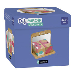 Caja azul de Desafíos con Espejos. Incluye bloques de madera con patrones geométricos coloridos para reflejar.