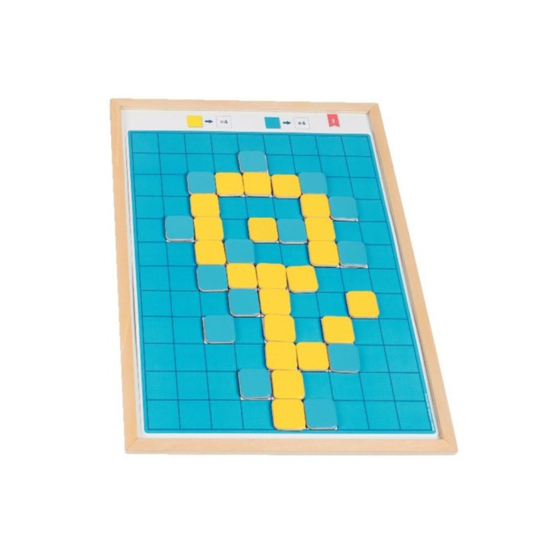 Tablero de madera con cuadrícula de píxeles azules y amarillos formando una flor para practicar el conteo numérico.