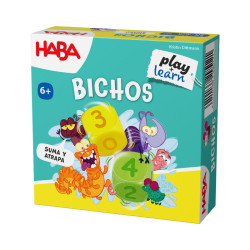 Juego de mesa Bichos de HABA en caja turquesa con dibujos de insectos animados y números amarillos y verdes.