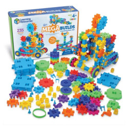 Set de 235 engranajes plásticos de colores vibrantes con su caja y una estructura mecánica montada sobre fondo blanco.