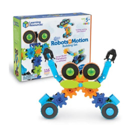 Robot de piezas plásticas con engranajes azules, verdes y naranjas frente a su caja. Set STEM de construcción con 116 piezas.