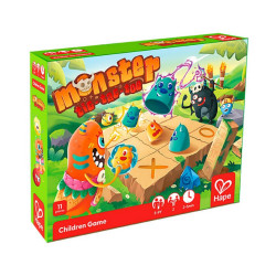 Caja verde de Monster Tic-Tac-Toe con piezas de monstruos coloridos y apilables sobre un tablero de madera natural.