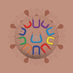 Tambor metálico Tambú+ Deep Flow de 25cm en color bronce con once lengüetas de colores vibrantes dispuestas en círculo.