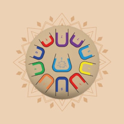 Tambor Tambú Soul Serenity circular d'acer color sorra amb onze notes de colors vibrants. Fa 25 cm de diàmetre.