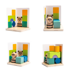 Trencaclosques de fusta amb blocs geomètrics de colors i un panda. Joc de lògica per fomentar el pensament computacional