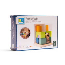 Caja del Rompecabezas Panda con bloques de madera en colores verde, azul y naranja, y una pequeña figura de oso panda.
