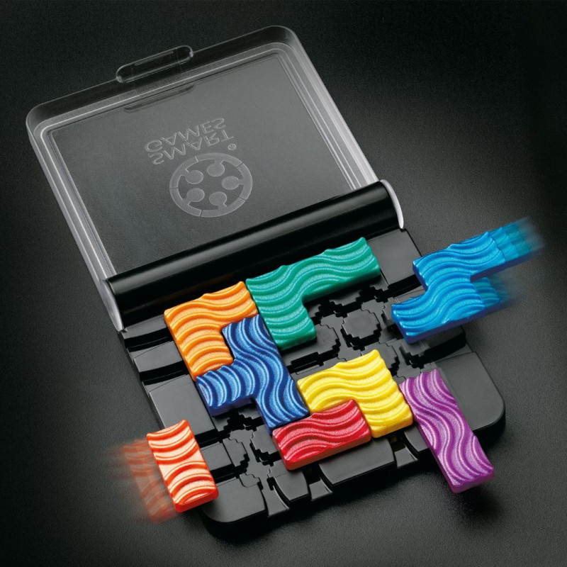 Puzzle IQ-FLOW con piezas de colores vibrantes y relieve ondulado en un estuche de plástico negro portátil.