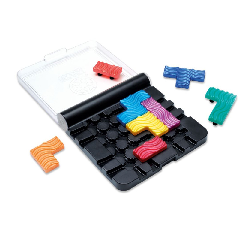 Rompecabezas IQ-FLOW con piezas de colores vivos en un tablero negro de plástico con tapa blanca protectora.