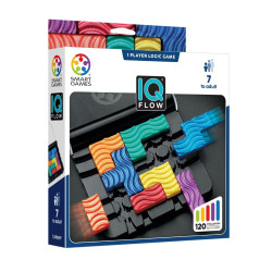 Juego IQ FLOW con piezas geométricas de colores brillantes y texturizadas sobre un tablero negro, dentro de su caja blanca.