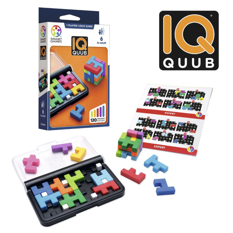 Trencaclosques IQ Quub amb peces plàstiques de colors, estoig negre i caixa. Permet reptes lògics en 2D i cubs 3D.