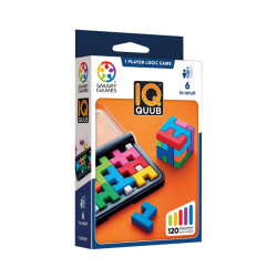 Caixa del trencaclosques IQ Quub amb peces de colors en un tauler negre i un cub 3D sobre un fons taronja.