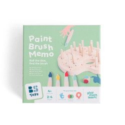 Caixa verda de Paint Brush Memo, un joc de fusta amb paleta i pinzells de puntes acolorides per entrenar la memòria.
