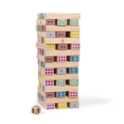Torre de 48 bloques de madera natural con números en colores pastel. Incluye un dado de madera sobre un fondo blanco.