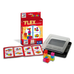 Flex Puzzler: cubs de colors flexibles, caixa vermella, manual d'instruccions i estoig negre amb tapa transparent.