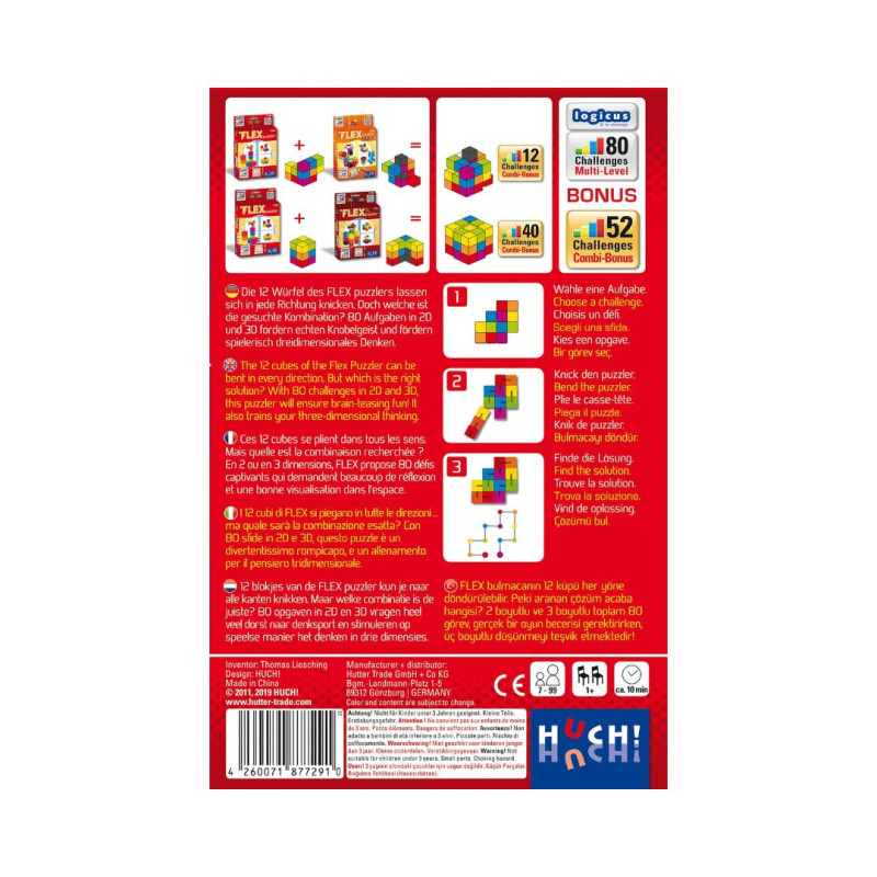 Revers de l'embalatge vermell de Flex Puzzler amb diagrames de cubs acolorits i instruccions per muntar figures en 2D i 3D.