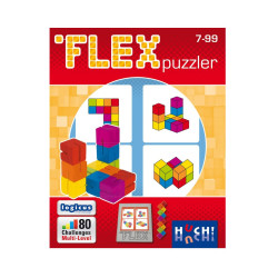 Caixa vermella de Flex Puzzler que mostra cubs plàstics de colors vibrants formant figures geomètriques en 2D i 3D.