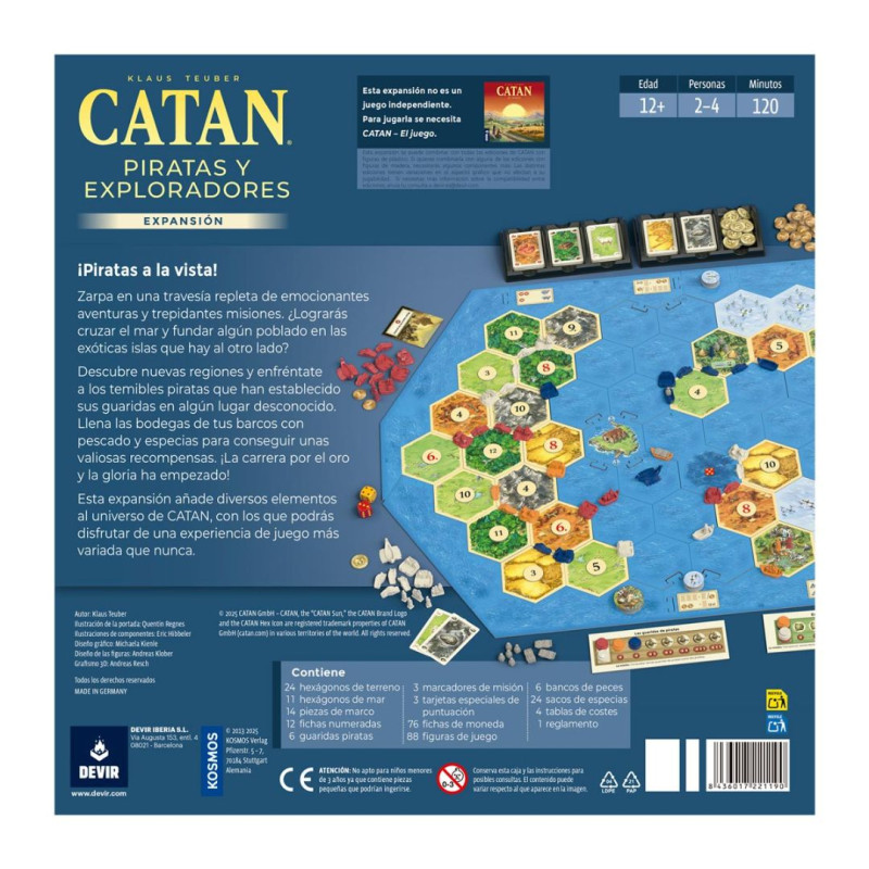 Contraportada blava de Catan Pirates i Exploradors amb un mapa d'illes hexagonals, vaixells i detalls de l'expansió.