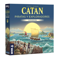Caja cuadrada de cartón azul de Catan Piratas y Exploradores con barcos navegando bajo un gran sol al atardecer.