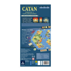 Caja azul de Catan Piratas y Exploradores para 5-6 jugadores con ilustraciones del mapa de islas y detalles del juego.