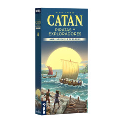 Caja azul de cartón de Catan Piratas y Exploradores para 5-6 jugadores, con una ilustración de barcos y un gran sol.
