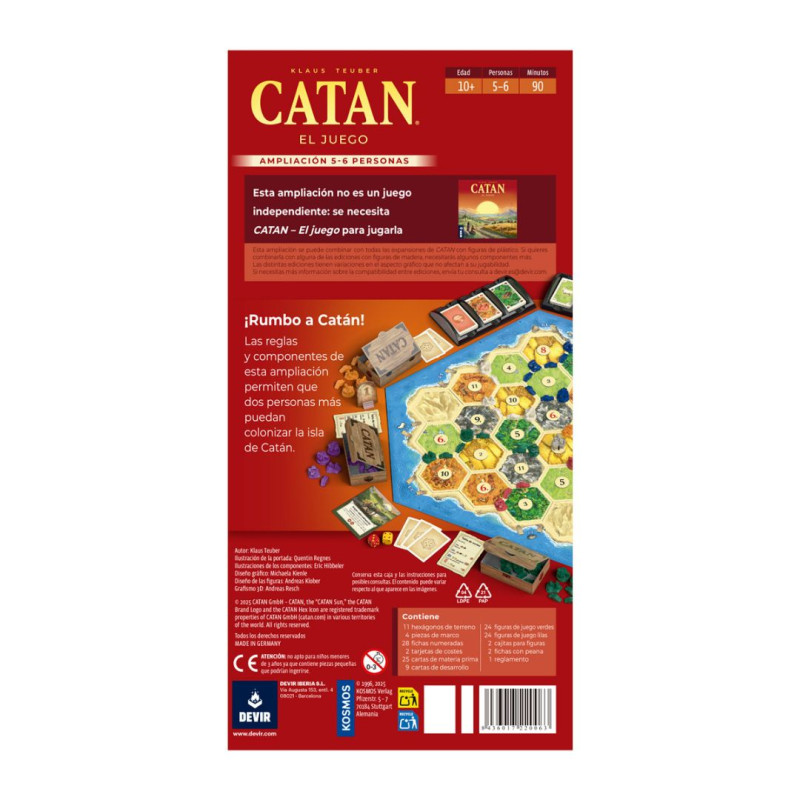 Caixa vermella rectangular de l'ampliació de Catan per a 5-6 jugadors amb il·lustracions del tauler i cartes en espanyol.