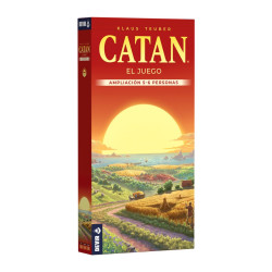 Caja de cartón roja de la ampliación de Catan para 5-6 jugadores. Presenta un paisaje con un gran sol al atardecer.