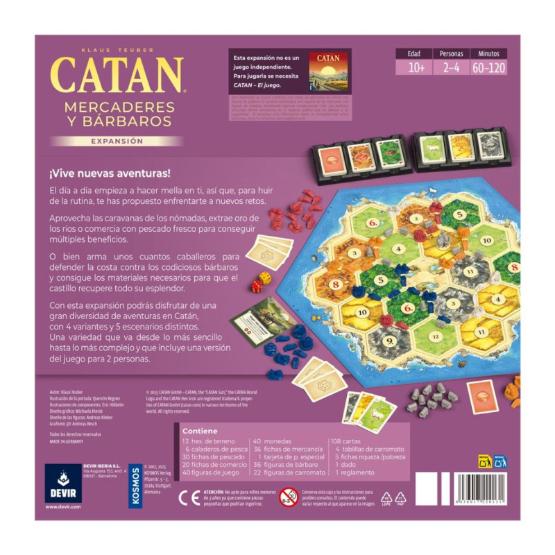 Revers de la caixa porpra de Catan: Mercaders i Bàrbars que mostra el tauler hexagonal, cartes i peces de l'expansió.