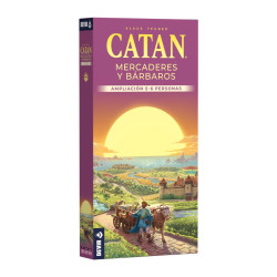 Caja rectangular morada de Catan Mercaderes y Bárbaros para 5-6 jugadores con dibujo de un carro y un gran sol.