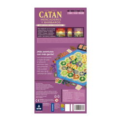 Revers de caixa rectangular morada de Catan Mercaders i Bàrbars per a 5-6 jugadors amb text i il·lustració del tauler.