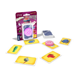 Fantasma Blitz Per molts anys! inclou cartes grogues amb dibuixos, una baralla i un pastís rosa en un blíster morat.