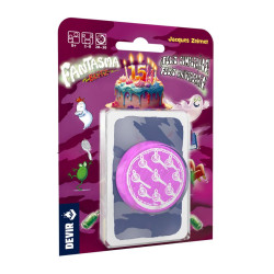 Juego Fantasma Blitz Feliz Cumpleaños en blíster de plástico morado con cartas ilustradas y un pastel festivo.