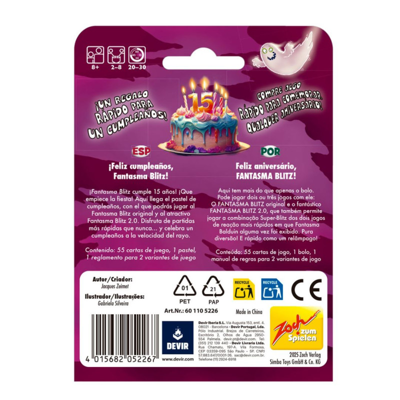 Reverso morado del juego Fantasma Blitz ¡Feliz Cumpleaños! con un pastel ilustrado e información del producto.