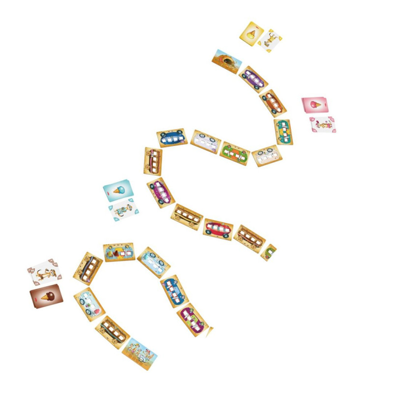 Recorrido curvo de tarjetas rectangulares de cartón con dibujos de camiones de helados de colores para juego infantil.