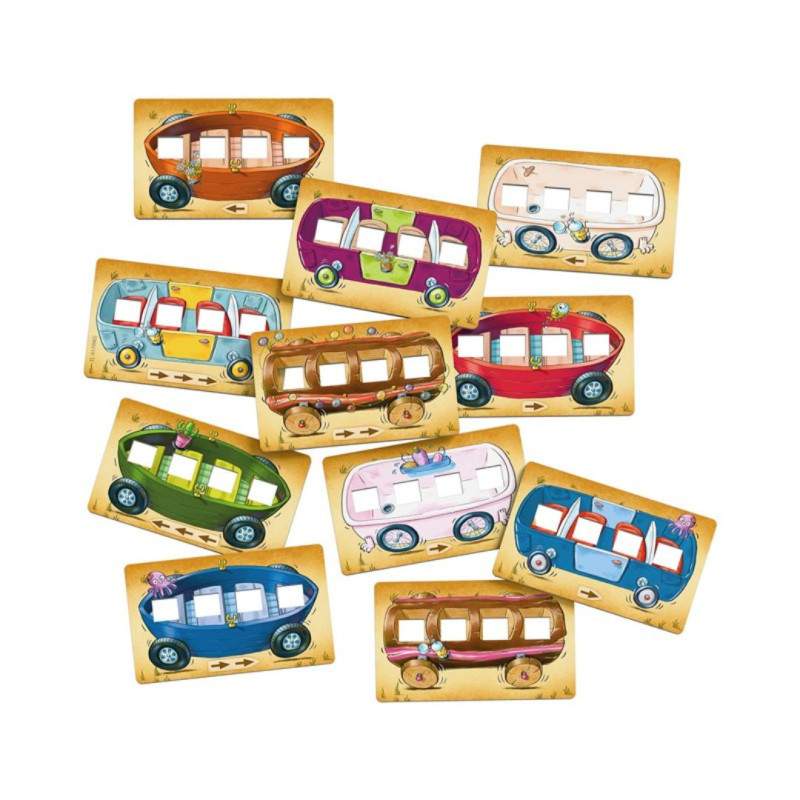 Tarjetas de cartón del juego Carrera de Helado con furgonetas de colores vivos y ventanas blancas sobre un fondo beige.