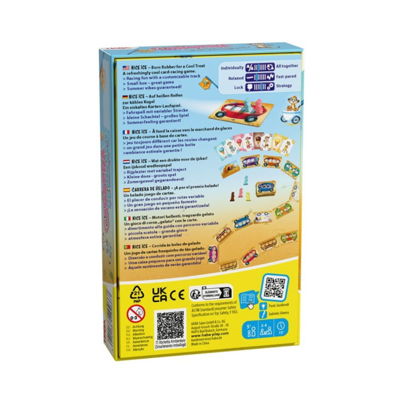 Caja de cartón de Carrera de Helado en azul y amarillo. El reverso detalla el juego con ilustraciones de un camino y fichas.