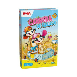 Caja de cartón azul del juego Carrera de Helado. Ilustración de suricatos en un coche colorido sobre un fondo amarillo.