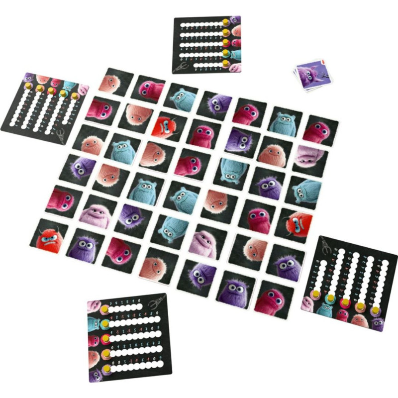 Juego Atrapa Monstruches con tarjetas cuadradas de monstruos peludos en colores vibrantes y tableros negros individuales.