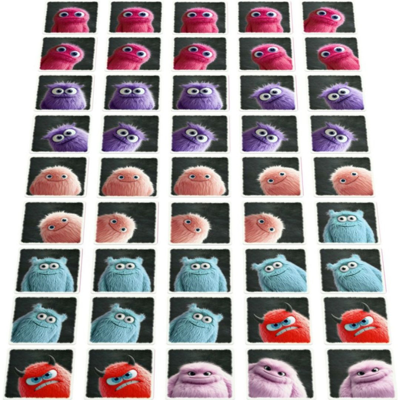Targetes quadrades del joc Atrapa Monstruches amb simpàtics monstres de peluix en diversos colors vibrants.
