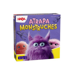 Caja cuadrada de cartón morada del juego Atrapa Monstruches con dibujos de simpáticos monstruos peludos de colores.