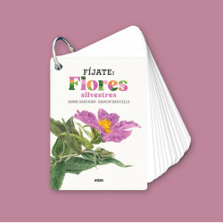Guía de flores silvestres con fichas blancas, anilla metálica e ilustración de una flor rosa sobre fondo malva.