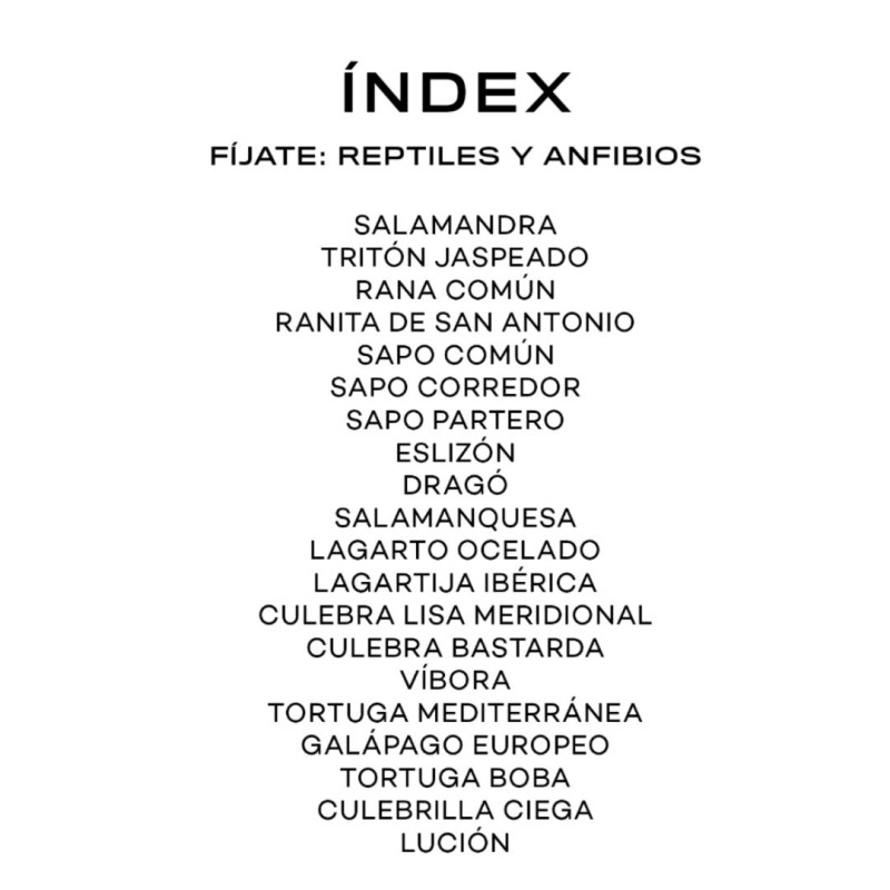 Índice de la guía de bolsillo Fíjate: Reptiles y Anfibios con nombres de especies en texto negro sobre fondo blanco.