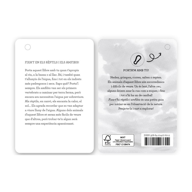 Guia de butxaca blanca i rectangular amb vores arrodonides, text negre i il·lustracions d'un rèptil i un amfibi.