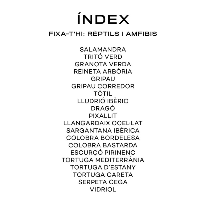 Pàgina blanca amb l'índex centrat en negre de la guia de camp sobre rèptils i amfibis en català.