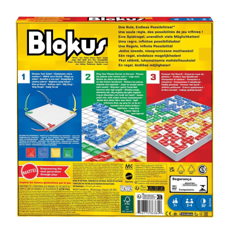 Caixa groga de Blokus amb tres panells que expliquen com col·locar les peces translúcides de colors al tauler.