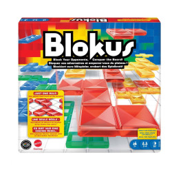 Caixa quadrada de Blokus amb peces geomètriques de plàstic translúcid en colors vermell, blau, verd i groc.